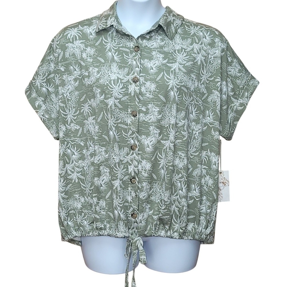 Tru Self Plus 2X Summer Aloha‎ Short Sleeves Button Down Top Coastal Beach Boho